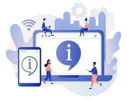 Informazioni simbolo nel smartphone App e il computer portatile ragnatela luogo. informazione centro in linea. cliente sostegno, utile informazione, guide, frequentemente chiesto domande. moderno piatto cartone animato stile. vettore illustrazione