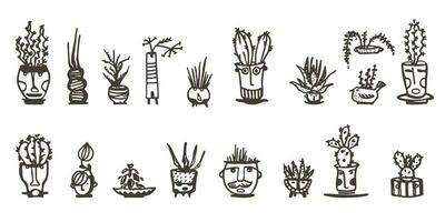 ceramica pentole con cactus comico facce. nero scarabocchio emozioni personaggi. pianta ceramica. ceramica vasi di moda concetto. cartone animato stile. mano disegnato illustrazione isolato su bianca sfondo vettore impostato