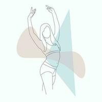 silhouette di un' ragazza nel un' gli sport superiore e pantaloncini nel un' balletto posa con braccia sollevato per il design e decorazione di un' profilo nel sociale reti, loghi, adesivi, manifesti, cartoline, distintivi, Stampa vettore