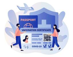 vaccinazione certificato. vaccino passaporto. persone Salute passaporto di vaccinazione per covid19. viaggio durante coronavirus pandemia. moderno piatto cartone animato stile. vettore illustrazione su bianca sfondo