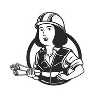donna ingegnere con carattere del logo di carta in rotolo vettore