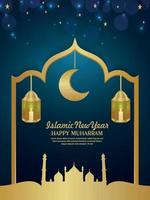 volantino festa di invito muharram felice anno nuovo islamico con lanterna vettoriale realistico