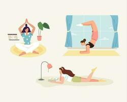 restare casa concetto. ragazze fare diverso attività a casa, Compreso yoga meditazione, allenarsi esercizio, e lettura libri. piatto illustrazione. vettore