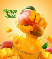 Mango succo Annunci con liquido mano afferrando frutta effetto a partire dal bicchiere tazza nel 3d illustrazione vettore