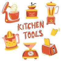 set di elettrodomestici da cucina disegnati a mano. attrezzatura di illustrazione vettoriale, elemento per cucinare. macchina da caffè, mixer, cappa, bilancia, frullatore, tostapane, spremiagrumi. vettore