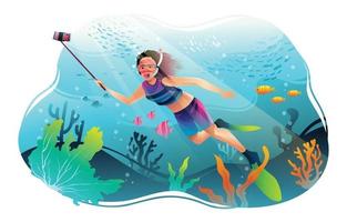 giovane ragazza immersioni nell'oceano con fotocamera selfie vettore