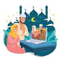 famiglia e amici che celebrano l'eid con una riunione online vettore