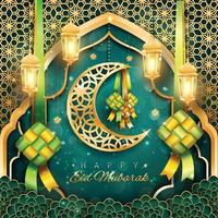 felice eid mubarak con luna e ketupat vettore