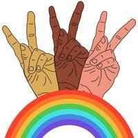 mani con pace cartello al di sopra di arcobaleno sfondo vettore