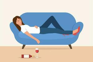 ubriaco donna addormentato su il divano. vino bicchiere e alcool bottiglia su il piano.donna ha alcool dipendenza. vettore illustrazione