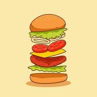 volante ingrediente di hamburger veloce cibo illustrazione con Manzo carne, formaggio foglio, cipolla fetta, pomodoro, lattuga e ciambella pane Sandwich vettore