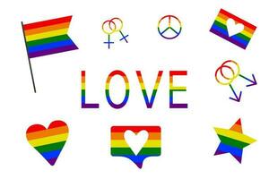 un' impostato di orgoglio icone, un' impostato di LGBTQ relazionato simboli nel arcobaleno colori orgoglio bandiera, cuore, pace, stella, arcobaleno, amore, sostegno, simboli di libertà. gay orgoglio mese. piatto cartello disegno, isolato su bianca vettore