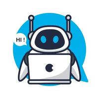 robot Chiacchierare inteligente ai chatbot utilizzando il computer portatile vettore piatto arte