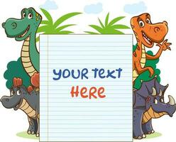 vuoto Nota carta con carino dinosauri per bambini formazione scolastica cartone animato vettore