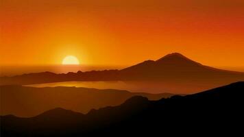 panoramico bali paesaggio montare batur tramonto al di sopra di tropicale montagne e sereno lago riflessione, Perfetto destinazione per avventura, escursionismo, e viaggio fotografia nel sud-est Asia vettore