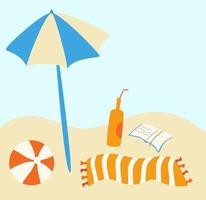 set da spiaggia. spiaggia con ombrellone, telo a righe, palla, libro e bibita. buona giornata di sole. vettore