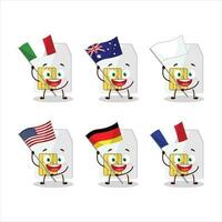 sim carta cartone animato personaggio portare il bandiere di vario paesi vettore