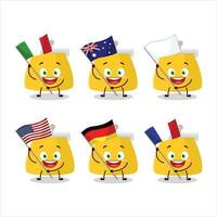 moneta borsa cartone animato personaggio portare il bandiere di vario paesi vettore