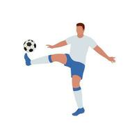 cartone animato calcio giocatore calciando palla su bianca sfondo. vettore