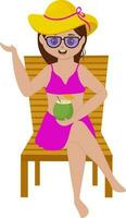 giovane ragazza godendo Noce di cocco bevanda a sedia nel costume da bagno. vettore