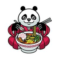 panda personaggio portafortuna indossare giapponese chimono mangiare ramen spaghetto vettore