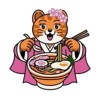 carino gatto ragazza nel giapponese vestito mangiare ramen spaghetto vettore