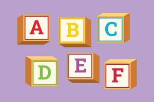 personaggio piatto disegno carino alfabeto cubi con lettere abc. blocchi lettura formazione scolastica per ragazzo. abc lettere apprendimento blocchi per bambini. alfabeto cubi con lettere. cartone animato design vettore illustrazione