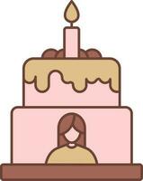 senza volto inteligente ragazza cartone animato torta con ardente candela Marrone e rosa icona. vettore
