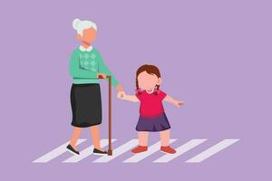 personaggio piatto disegno bella carino poco ragazza aiuta vecchio donna per attraversare strada a pedone traversata. Aiuto nonna attraversamento pedonale. sicurezza traffico. maniere e rispetto. cartone animato design vettore illustrazione