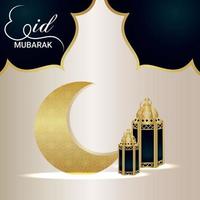 festival islamico realistico eid mubarak modello dorato luna e lanterna vettore