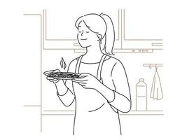 contento donna nel grembiule odore cibo nel cucina. sorridente soddisfatto ragazza cucinando a casa godere delizioso pasto preparazione. vettore illustrazione.