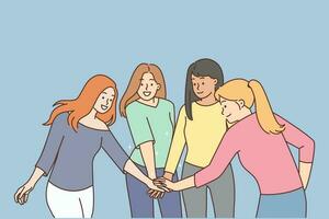 sorridente diverso ragazze aderire mani mostrare unità e comando. contento amiche impegnato nel team building insieme. lavoro di squadra concetto. vettore illustrazione.
