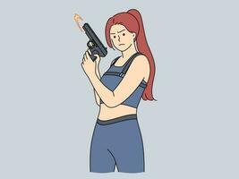 forte donna nel uniforme Tenere pistola nel mani. decisivo femmina con fucile da caccia mostrare energia e forza. vettore illustrazione.