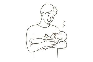 sorridente giovane padre Tenere bambino nel braccia mostrando amore e cura. contento papà coccolare carino infante. paternità e fanteria. vettore illustrazione.