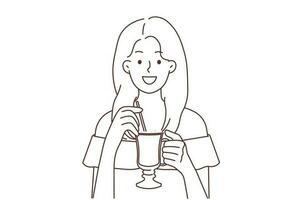 sorridente giovane donna bevanda caffè a partire dal bicchiere tazza. contento ragazza godere latte macchiato o cappuccino con cannuccia. vettore illustrazione.