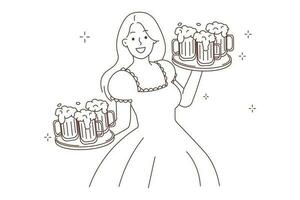 contento giovane donna nel vestito con birra su vassoi servendo ottobre festa della birra. sorridente cameriera con alcool su Festival o evento. vettore illustrazione.