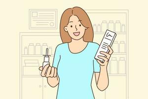 sorridente donna acquisto medicazione nel farmacia. contento femmina cliente con meds nel farmacia. assistenza sanitaria e medicinale. vettore illustrazione.