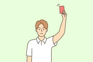 arrabbiato giovane maschio arbitro mostrando rosso carta a calcio campo. pazzo uomo giudice rendere avvertimento durante gioco. vettore illustrazione.