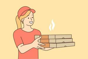 sorridente femmina Corriere con Pizza scatole consegnare ordine per cliente. contento donna con veloce cibo partire per cliente. pasto consegna concetto. vettore illustrazione.