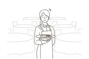 sorridente cameriera nel uniforme servendo pasto nel ristorante. contento professionale femmina Cameriere con cibo nel mani servire nel cena. vettore illustrazione.