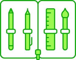 penna, matita, spazzola con righello scala Borsa verde e bianca icona. vettore