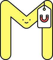 smiley m alfabeto cartone animato con magnete parole etichetta icona nel giallo e rosso colore. vettore