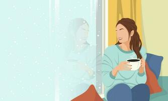 astratto donna con un' tazza di caffè sembra su il finestra, esso è nevicando, casa comfort. inverno vettore illustrazione