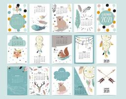 simpatico calendario animale 2021 con orso, piuma, acchiappasogni per bambini, capretto, neonato. può essere utilizzato per la grafica stampabile vettore