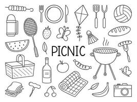 estate picnic scarabocchio impostare. cestino, frutta, barbecue, badminton, thermos nel schizzo stile. mano disegnato vettore illustrazione isolato su bianca sfondo