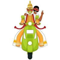 allegro kathakali ballerino e Sud indiano uomo equitazione insieme su scooter. vettore