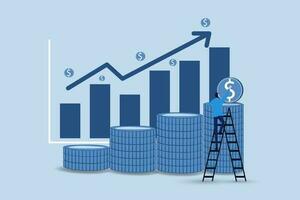 attività commerciale concetto. uomo d'affari mettere enorme moneta su pile. attività commerciale profitto, ritorno su investimento.vettore illustrazione. vettore