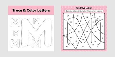libro da colorare lettera per bambini foglio di lavoro per scuola materna e età scolare traccia la linea scrivi e colora m vettore