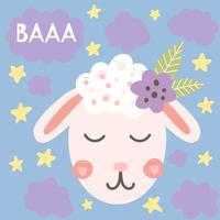 simpatica testa di pecora con fiori illustrazione per bambini vivaio stampa per camicie poster decorazioni per la camera biglietti di auguri vettore