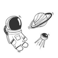 vettore illustrazione. astronauta, razzo e il Luna nel scarabocchio stile. spazio relazionato oggetti su bianca sfondo. bambini camera manifesto.
